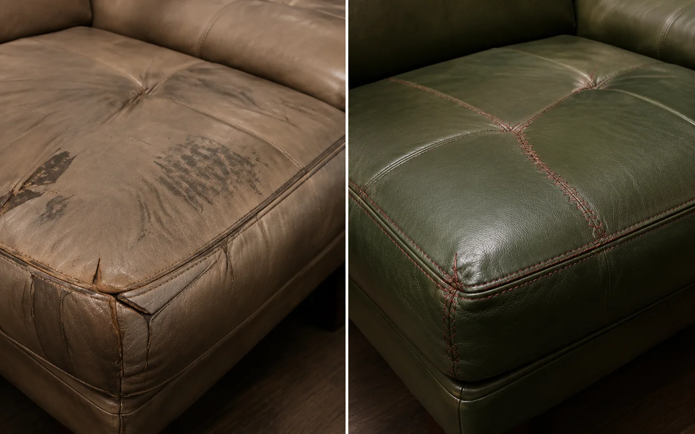 Buttoned seat cushion before and after reupholstery, stained worn cover recovered in green leather