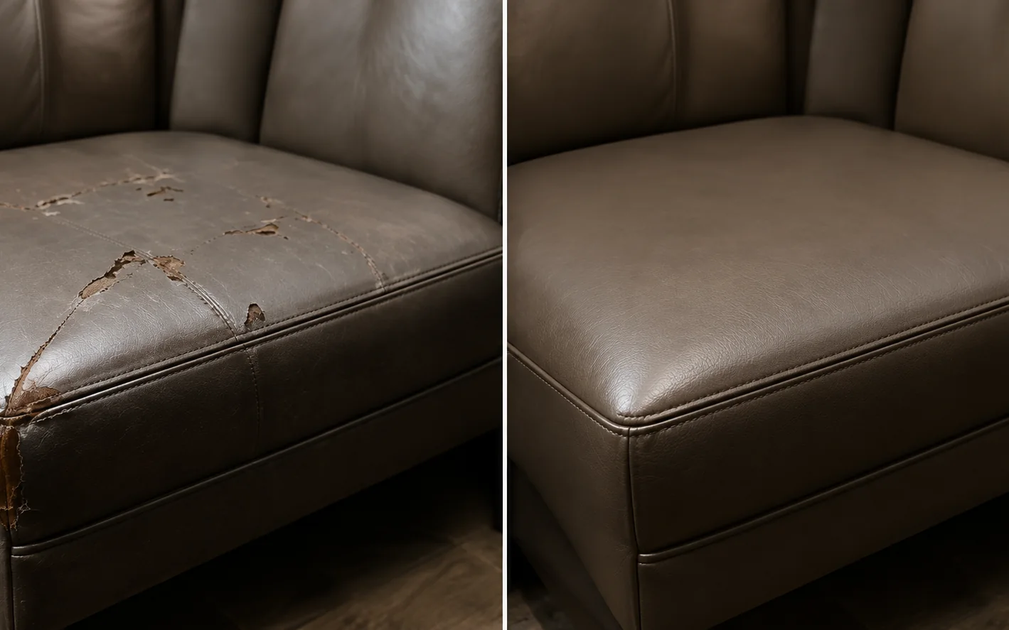 Restaurant seat cushion before and after reupholstery, torn corner recovered in grey leather