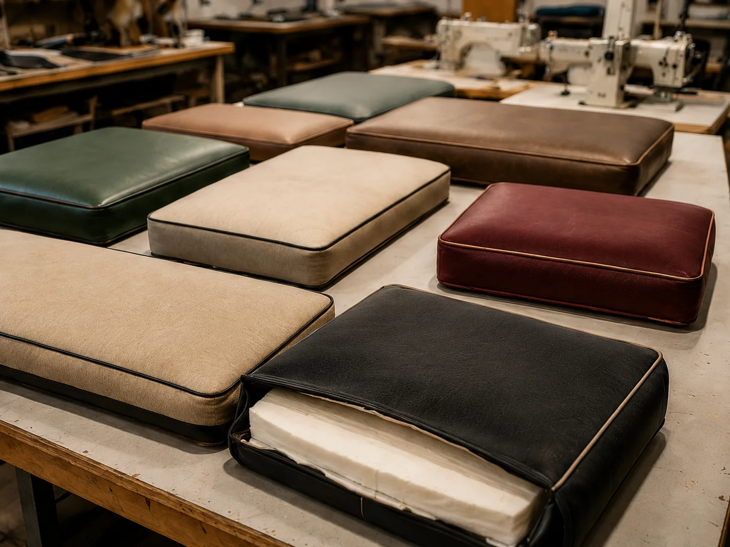 Seat tops in several colors stacked on a workshop bench, off their bases and waiting to be re-cut