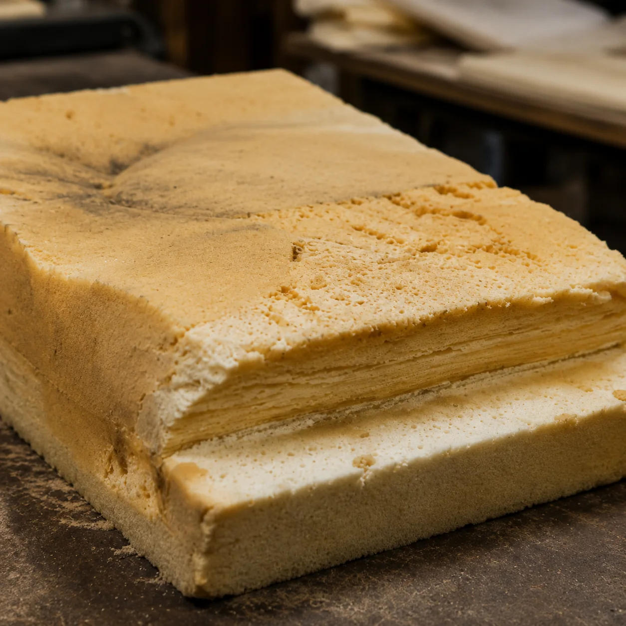Old seat foam block, crushed and delaminating after years of service