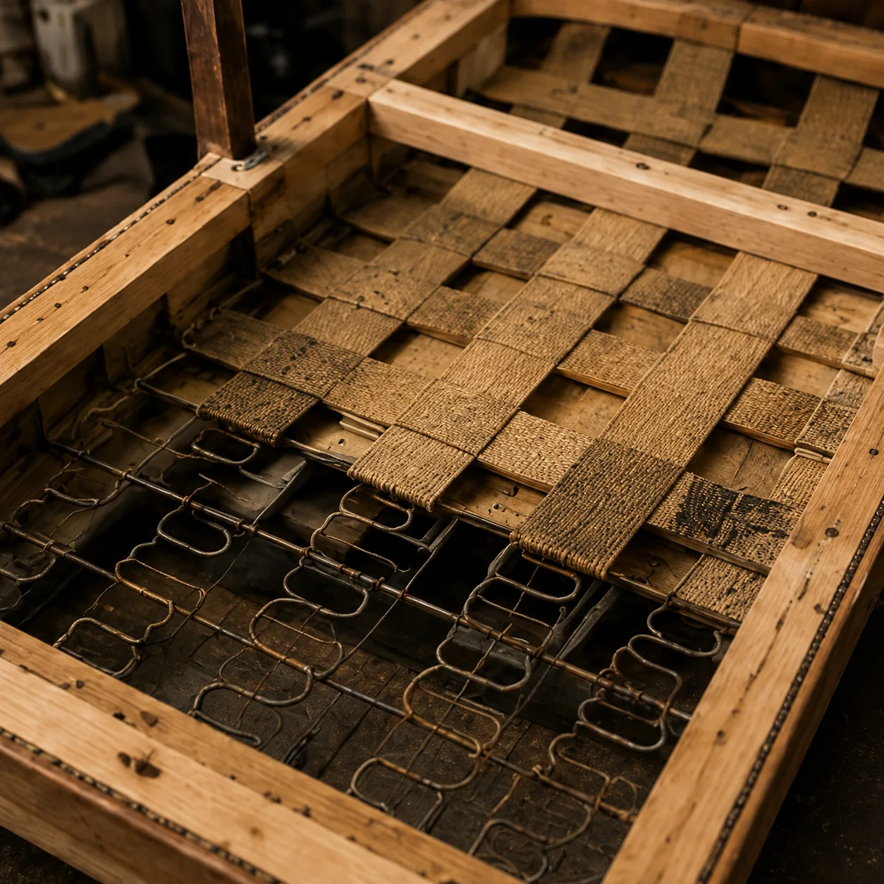 Seat frame with webbing and springs exposed beneath the cushion