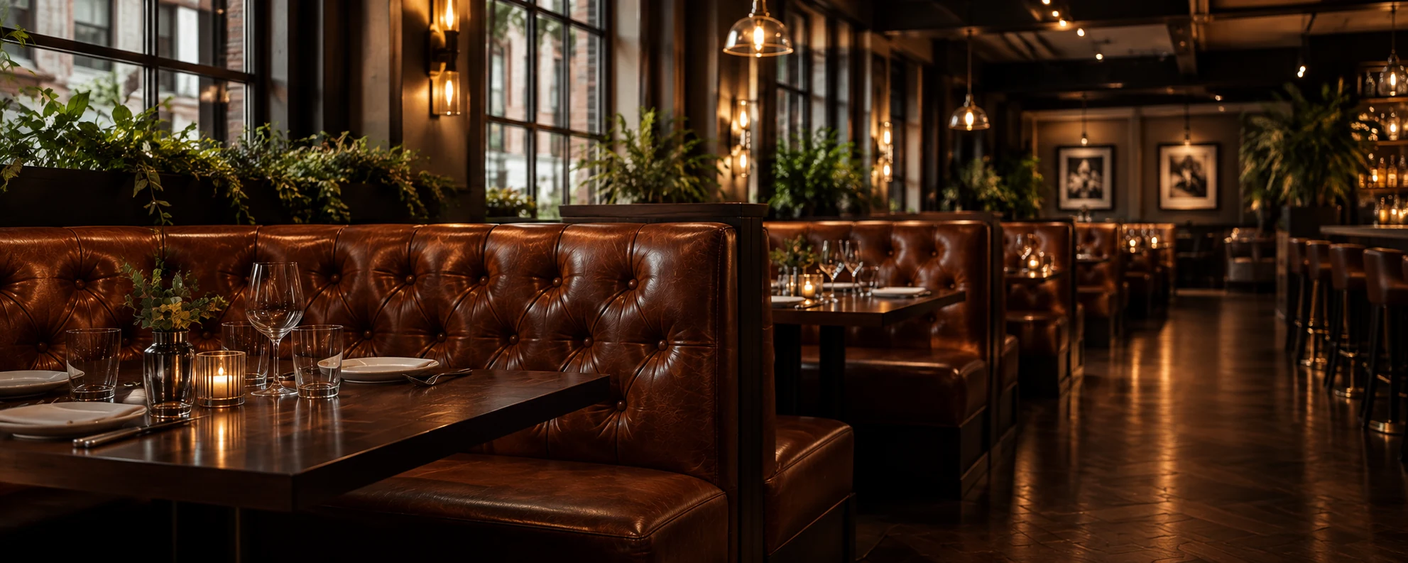 Brown tufted banquette run in an evening-lit New York restaurant after reupholstery
