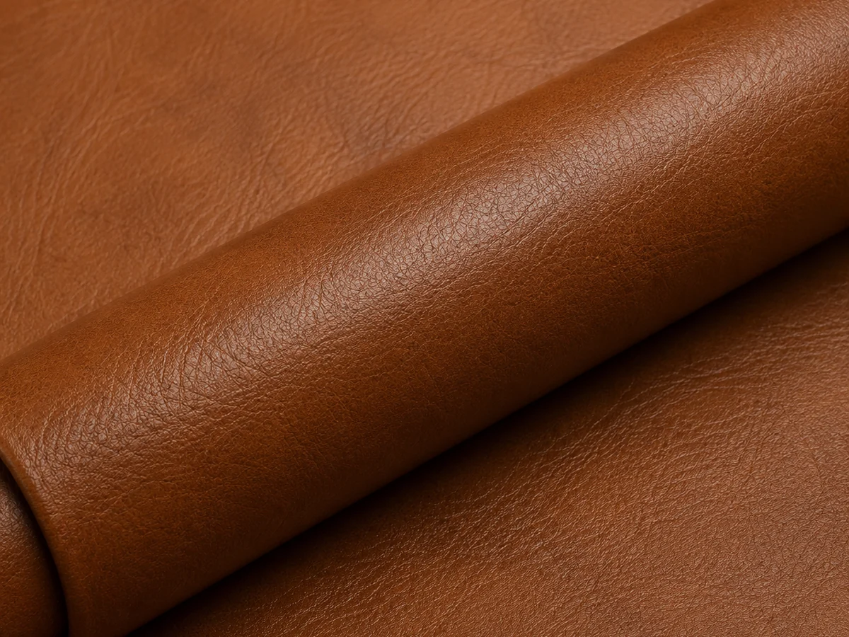 Genuine cognac leather hide rolled for restaurant banquette reupholstery