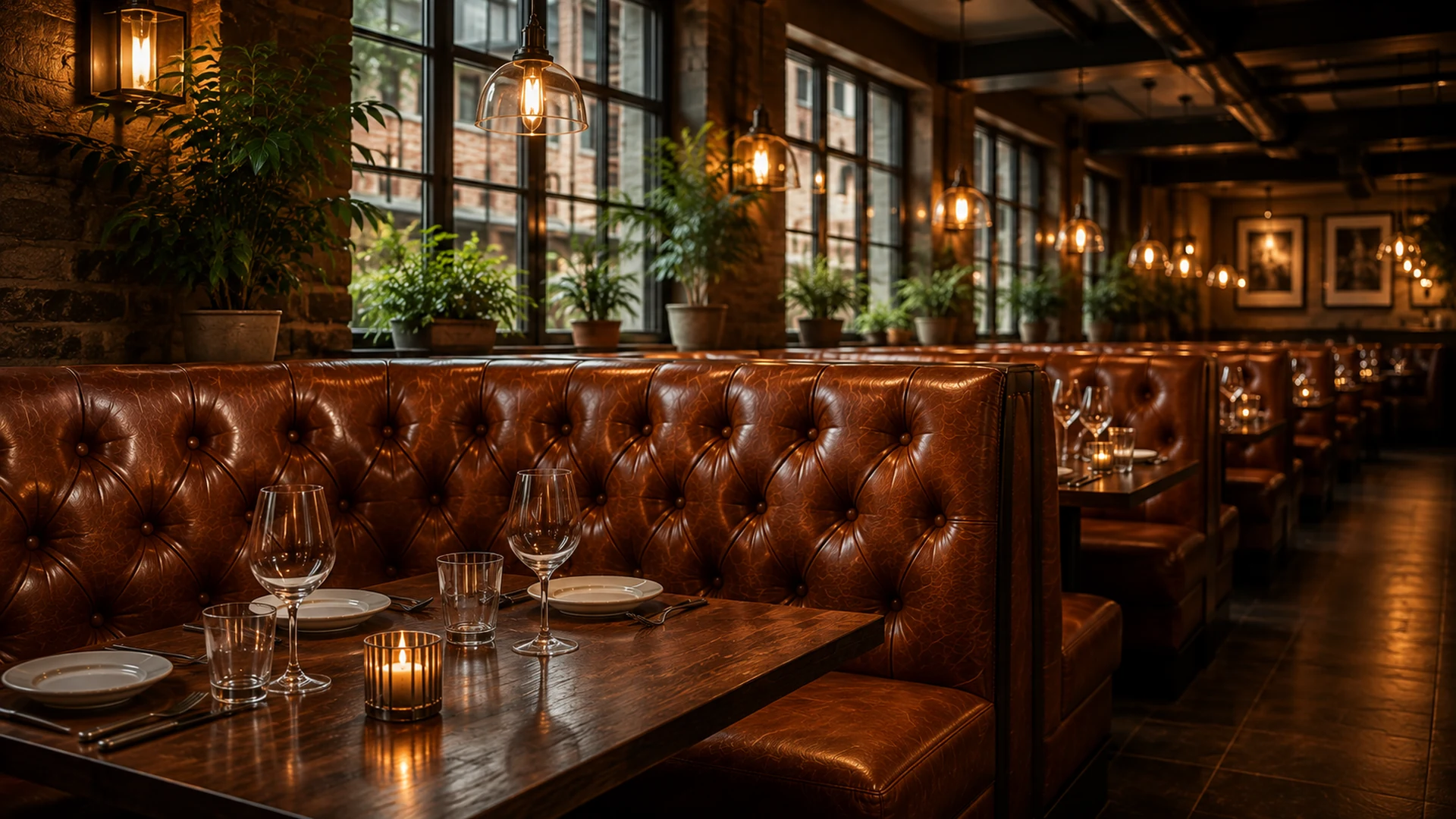 A buttoned leather booth banquette running along the wall of a warm, dimly lit dining room