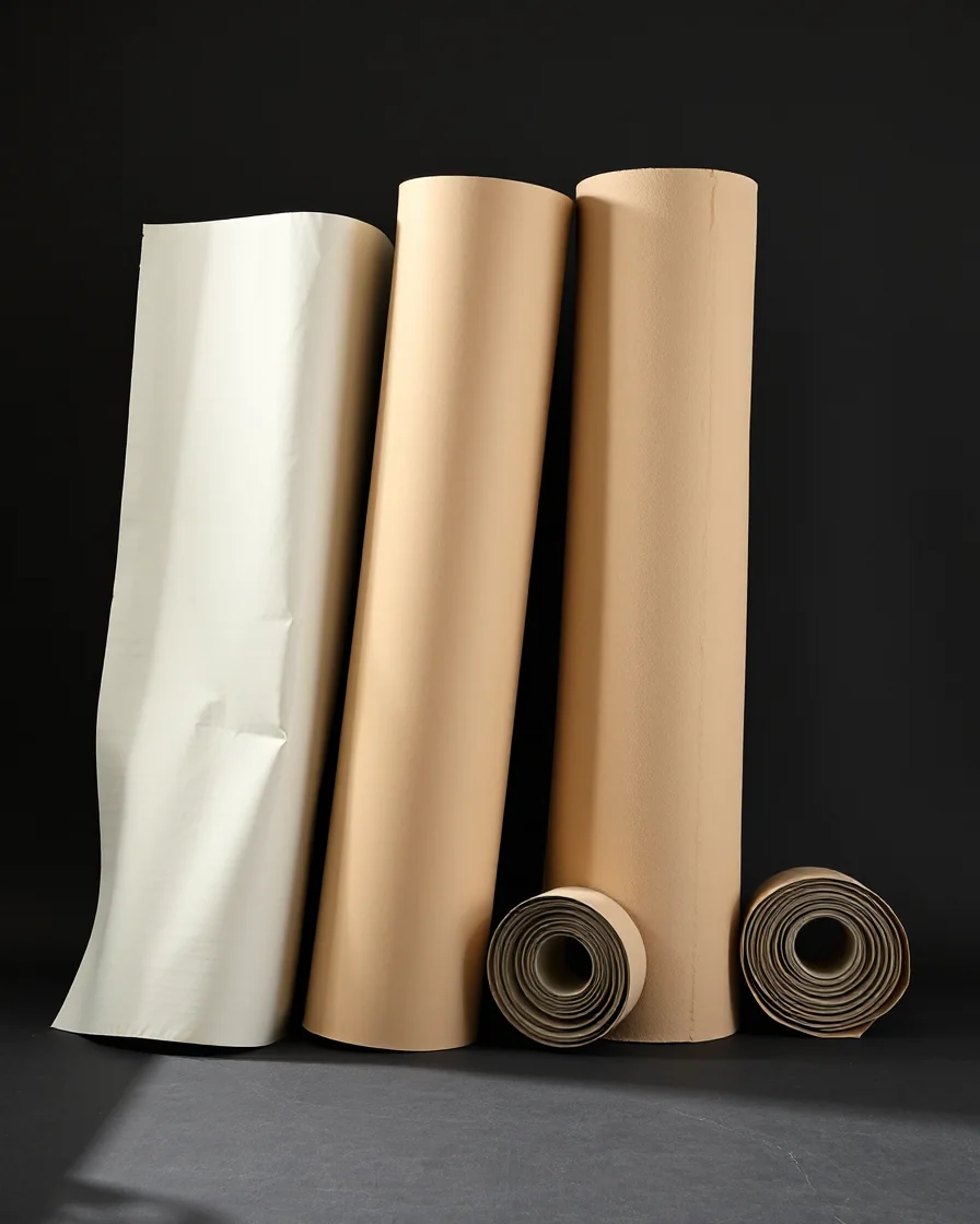 Rolls of commercial upholstery vinyl in cream, beige and taupe standing against a dark studio backdrop