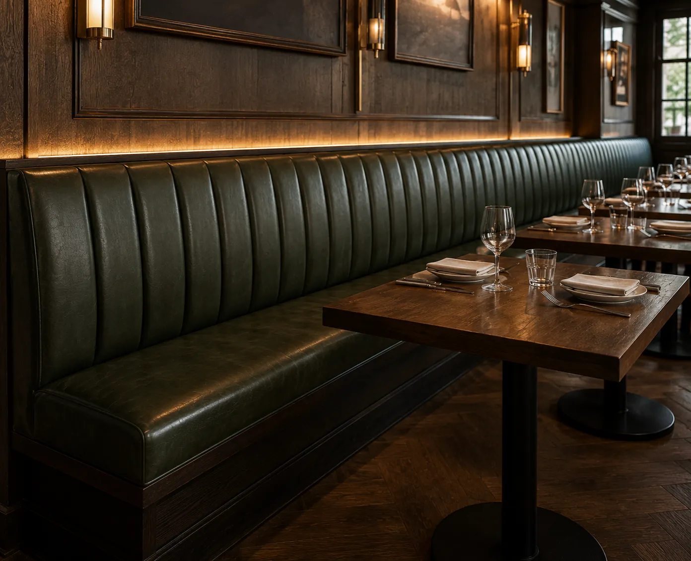 Green leather banquette run built into a restaurant wall