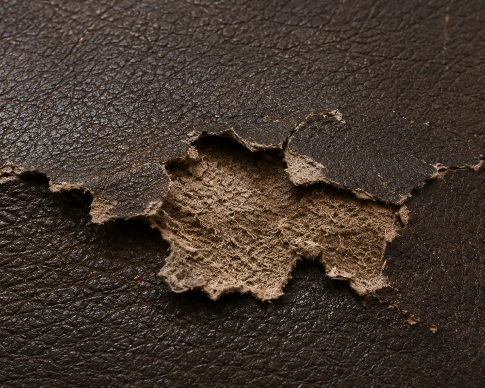 Bonded leather coating flaked away to expose the fibrous backing underneath