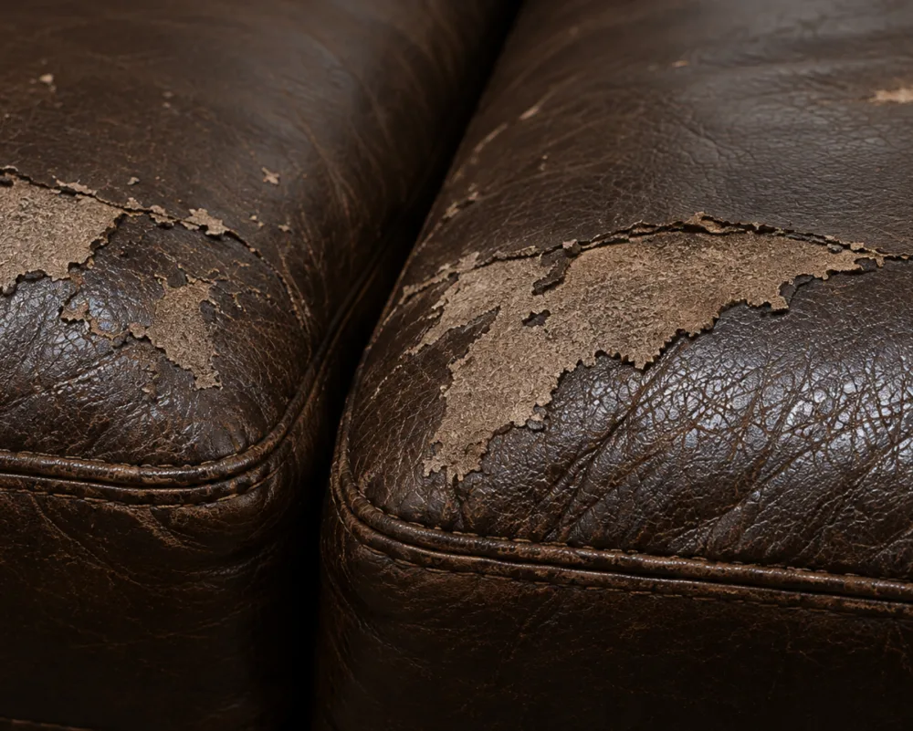 Two adjacent bonded leather cushions both peeling at the same time