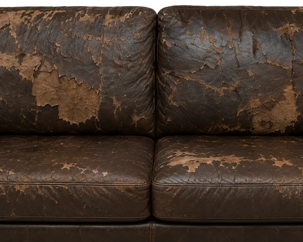 A leather sofa failing across every panel at once rather than in one place
