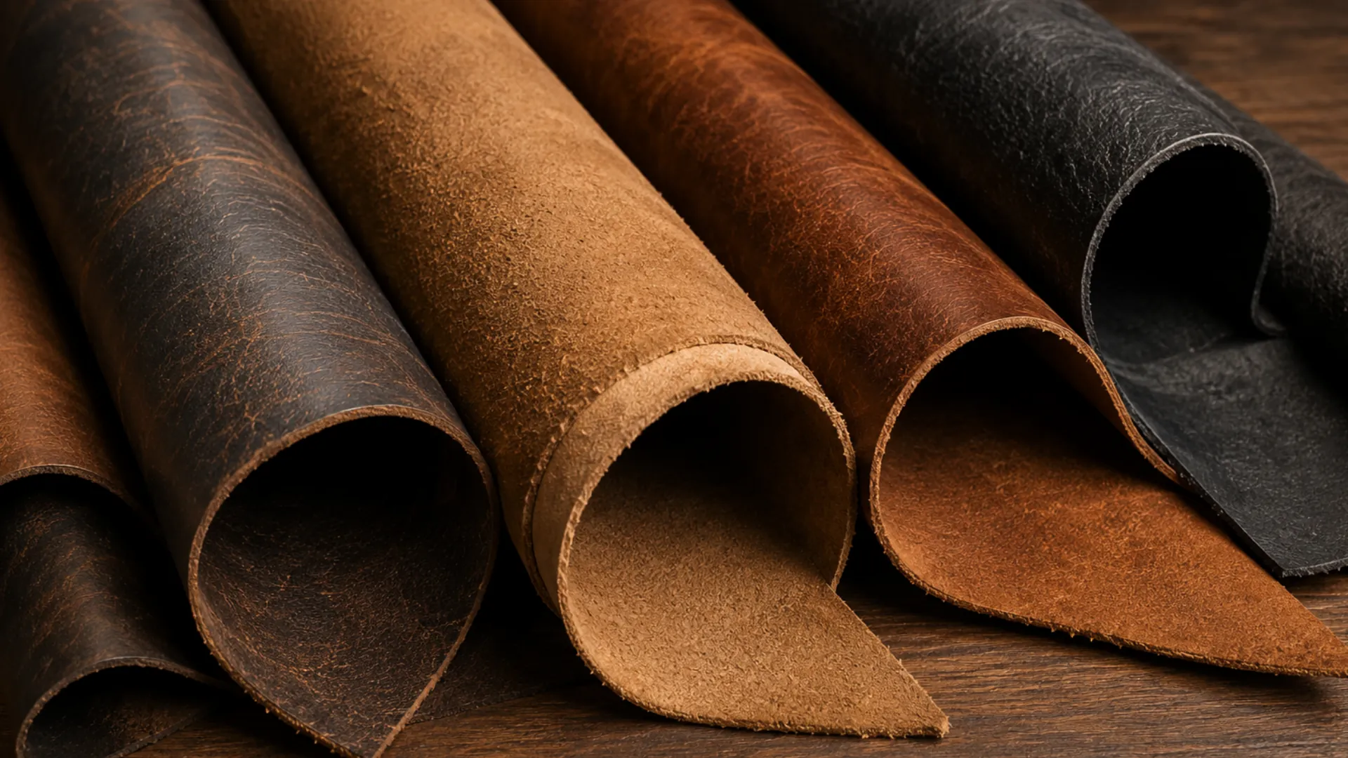 Five rolled upholstery hides in different browns stood on end on a workbench, cut edges facing the camera