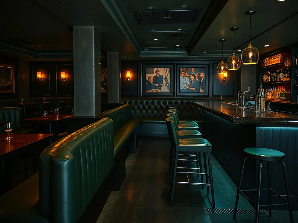 Teal fixed banquette run along a bar wall with stools pulled up at the counter