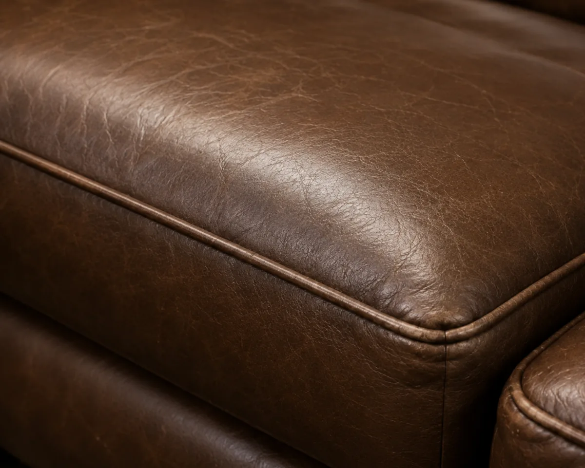 Faded and color-worn leather cushion with the surface layer still fully attached