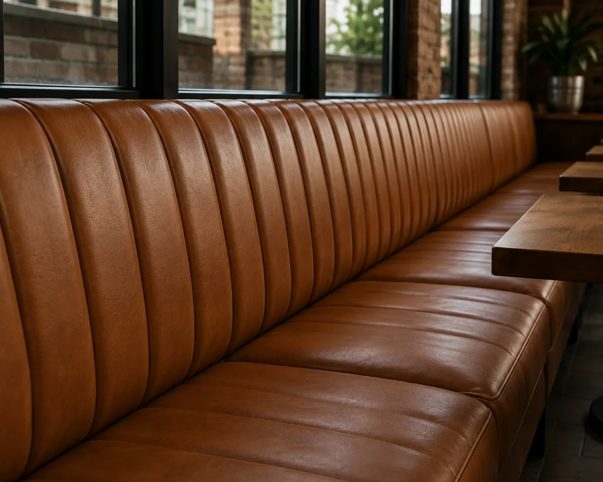 Long channel-tufted banquette seating in a commercial dining room