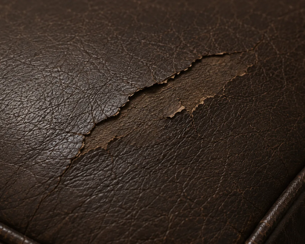 Localized crack and lifted flake on a bonded leather surface that is otherwise sound