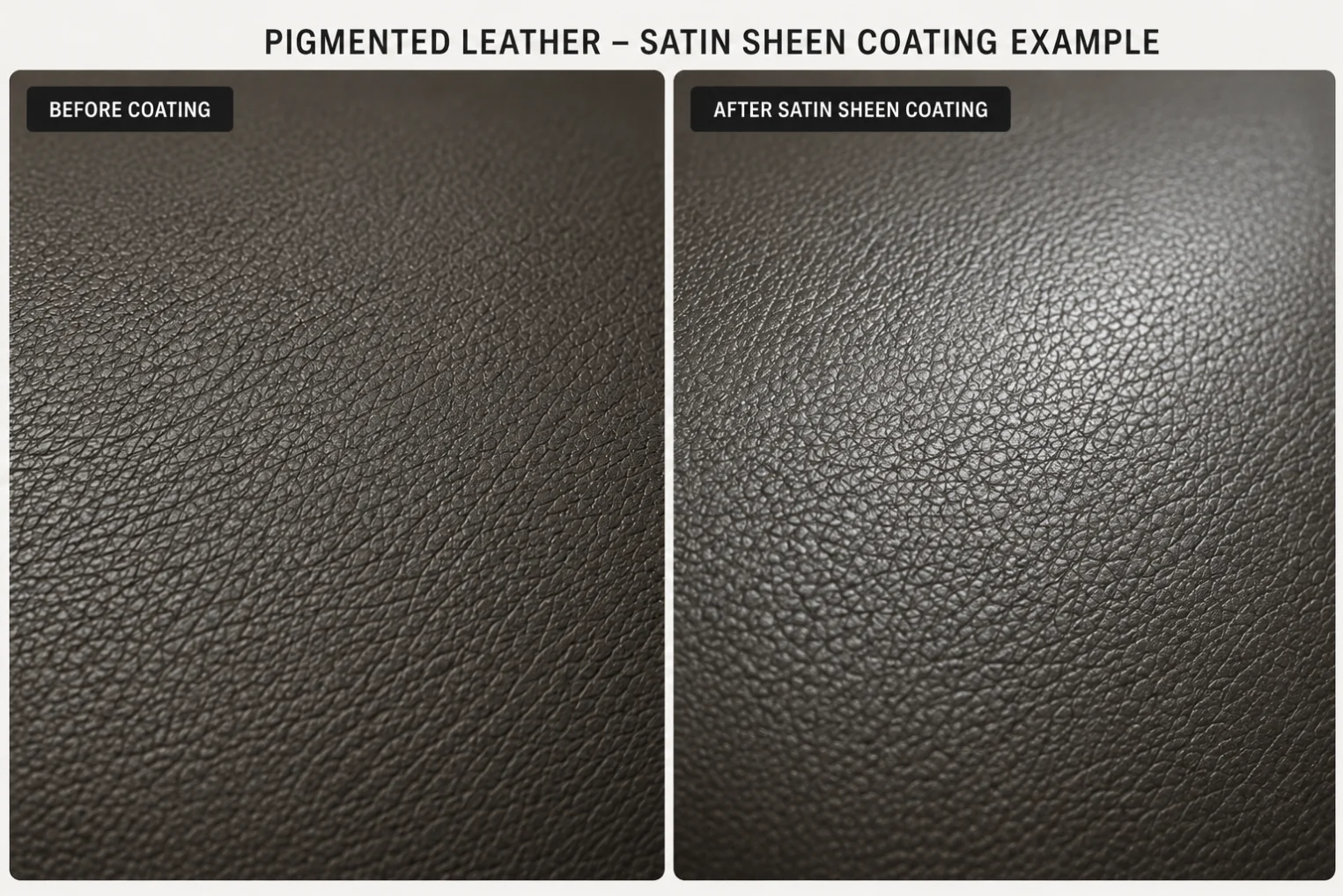 Satin pigmented leather topcoat, a balanced low sheen across the panel