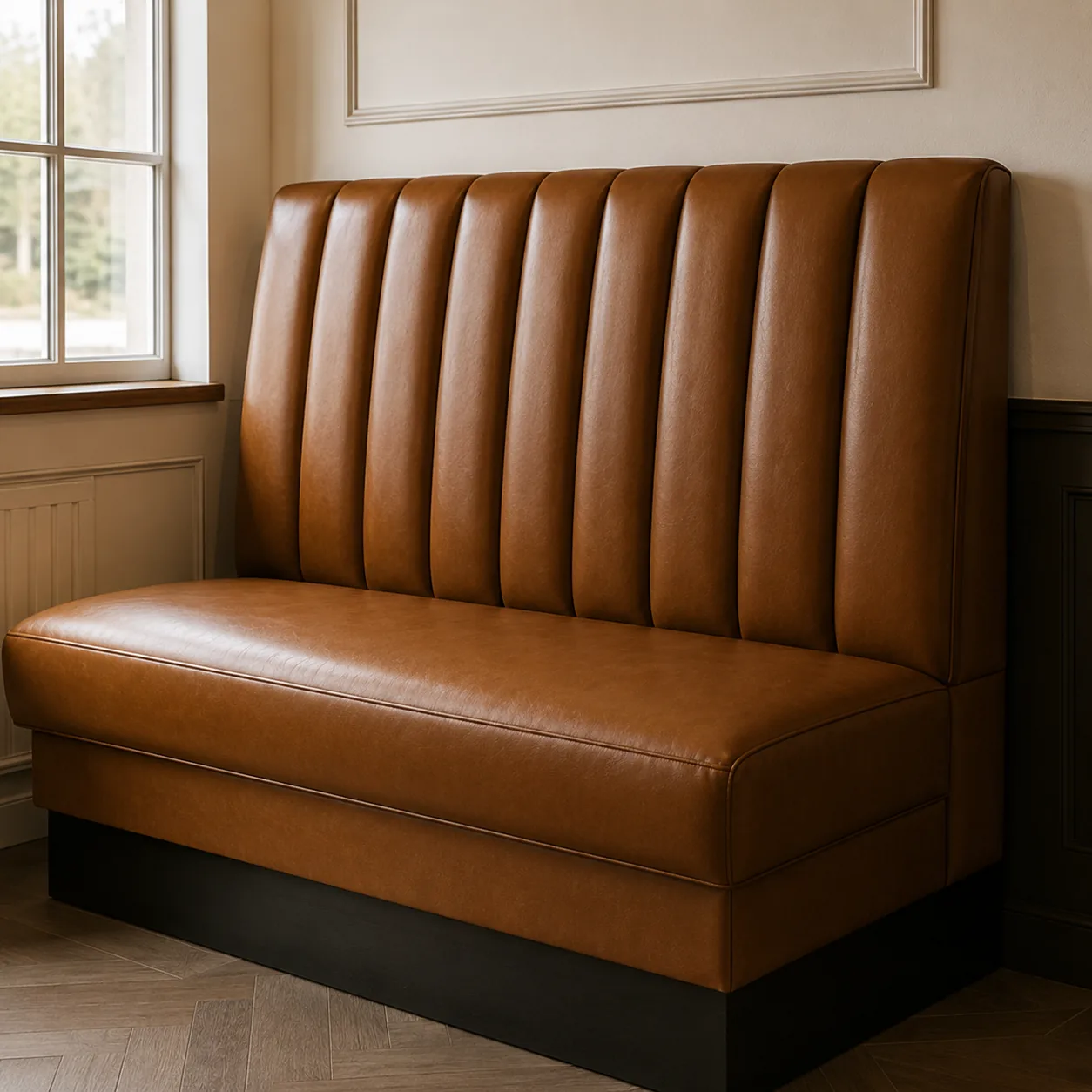A single fluted banquette bench reupholstered in tan leather