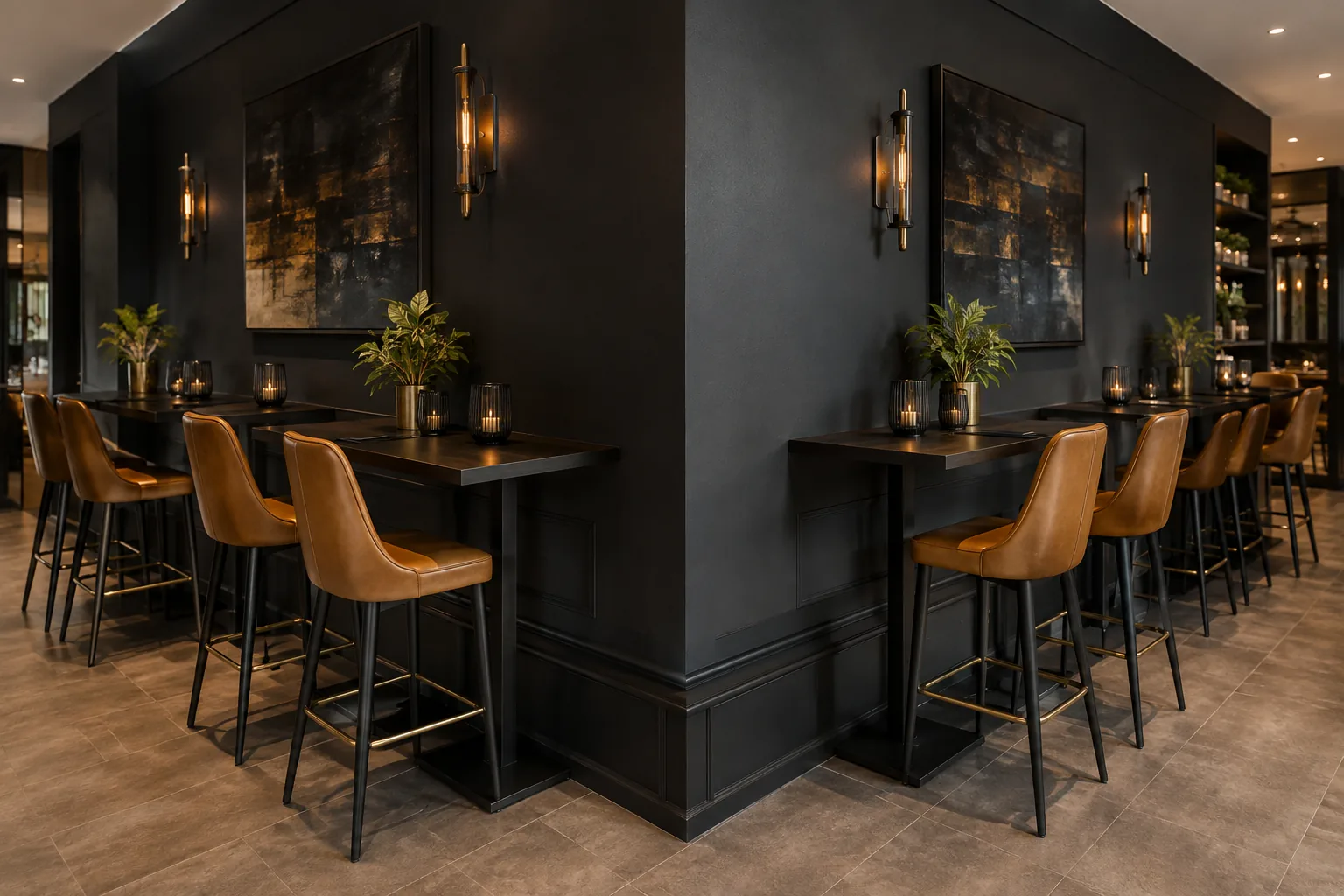 A run of leather bar stools along a dark bar counter