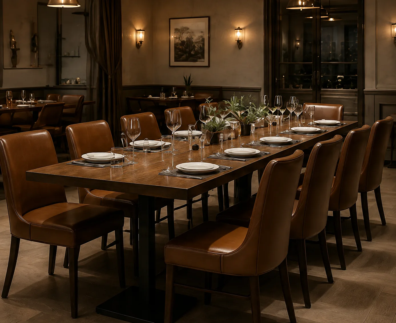A private dining room with a long table flanked by ten tan leather chairs under warm lighting