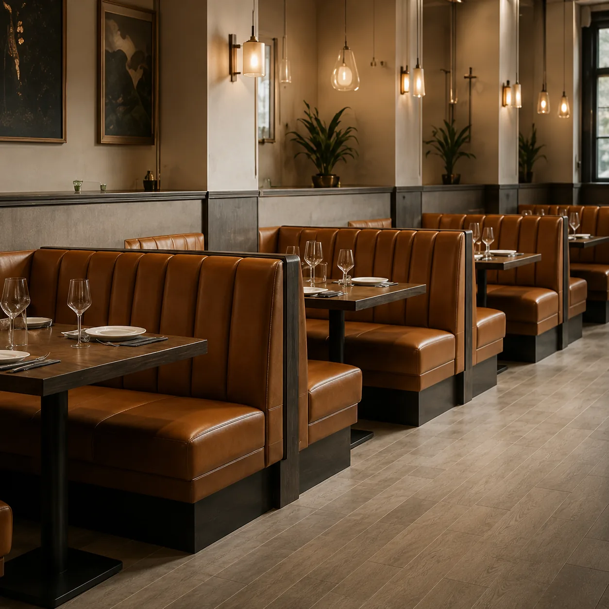 A row of fluted leather booths down a restaurant wall