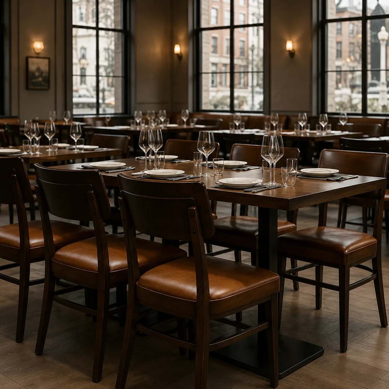 A restaurant dining room of timber chairs with tan leather drop-in seats, arranged around laid tables under tall windows