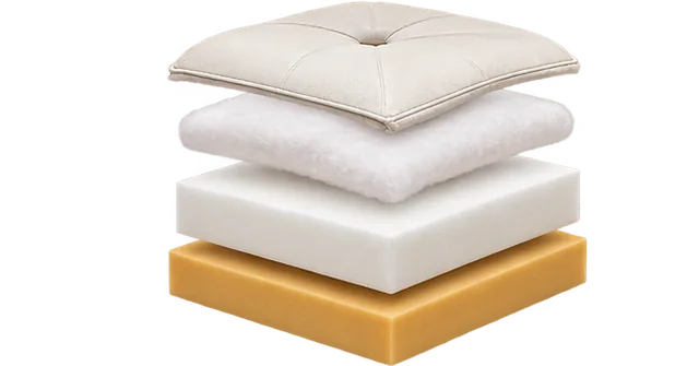 Restaurant seat cushion pulled apart into its cover, batting, foam and base