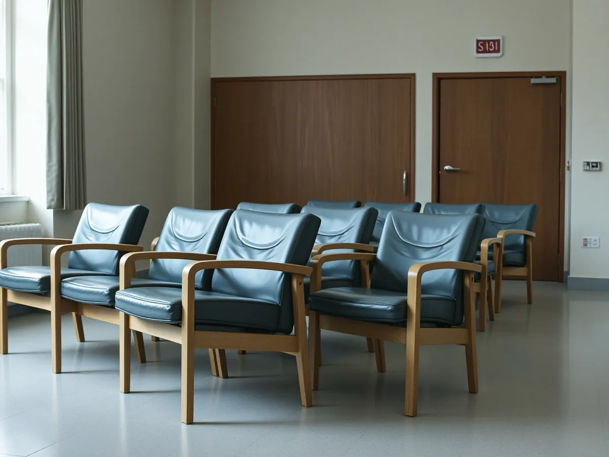 A row of vinyl-upholstered chairs in a medical waiting room under even daylight
