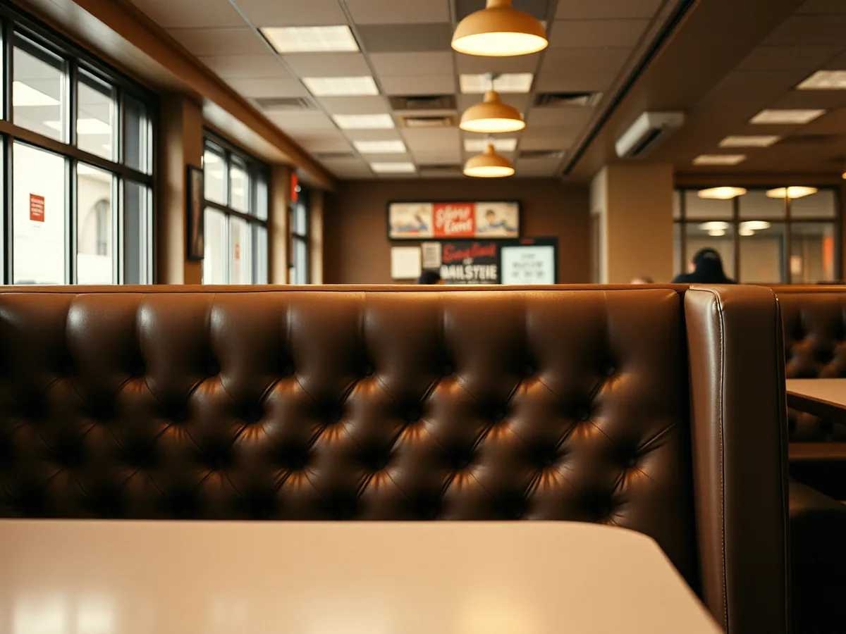 A tufted vinyl restaurant booth seen from the aisle, showing the front edge and armrest