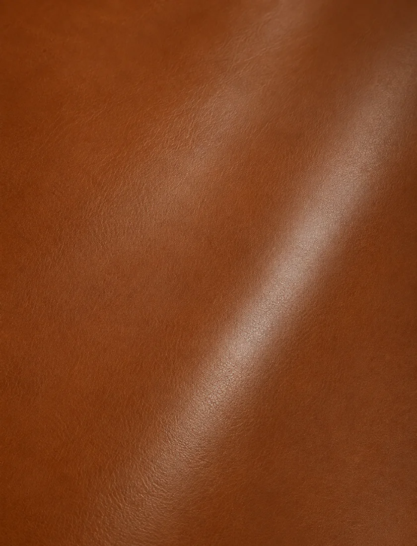 Macro of smooth finished leather, the natural surface grain and a soft sheen still visible