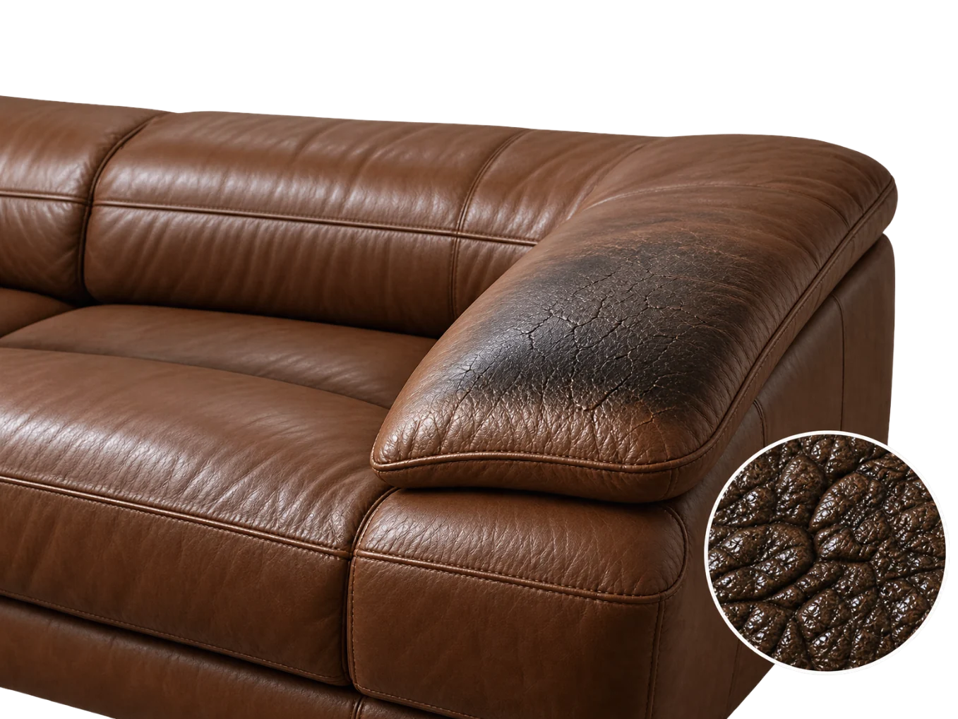 Arm of a brown leather sofa with the finish darkened and worn dull where hands and forearms rest