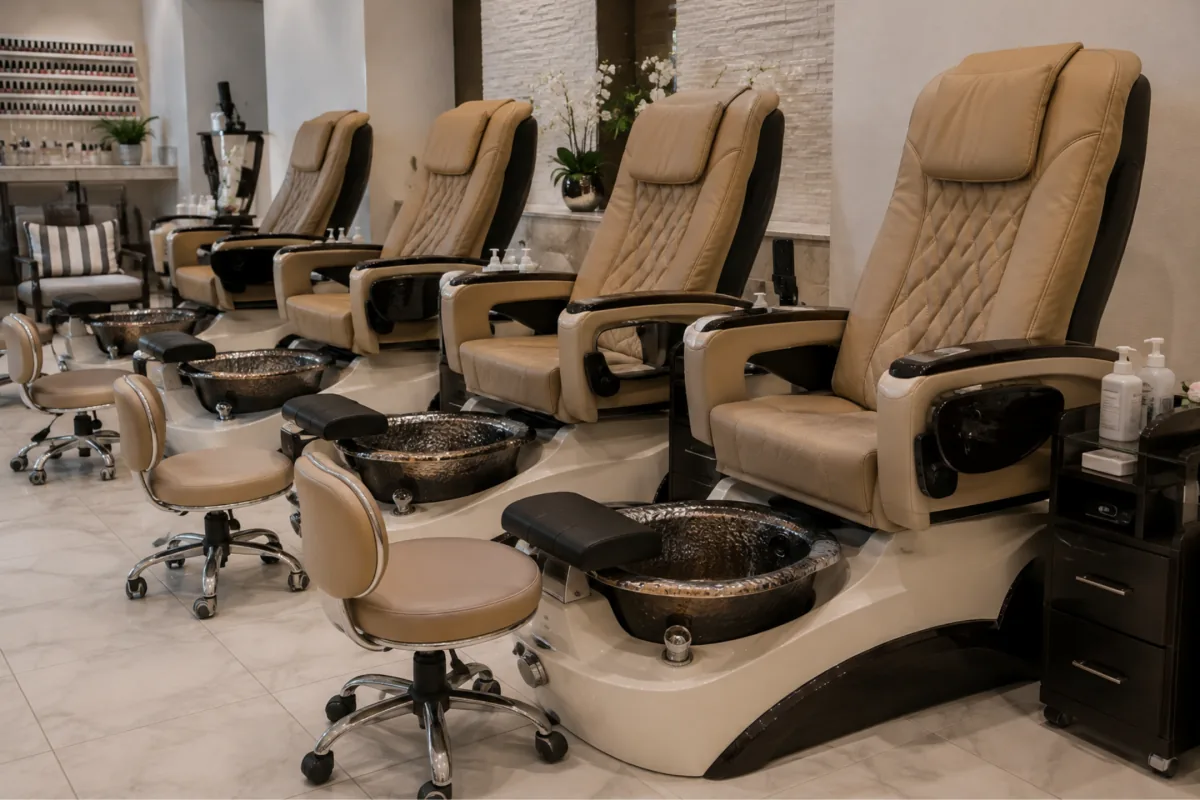 A row of cream vinyl pedicure chairs in a salon