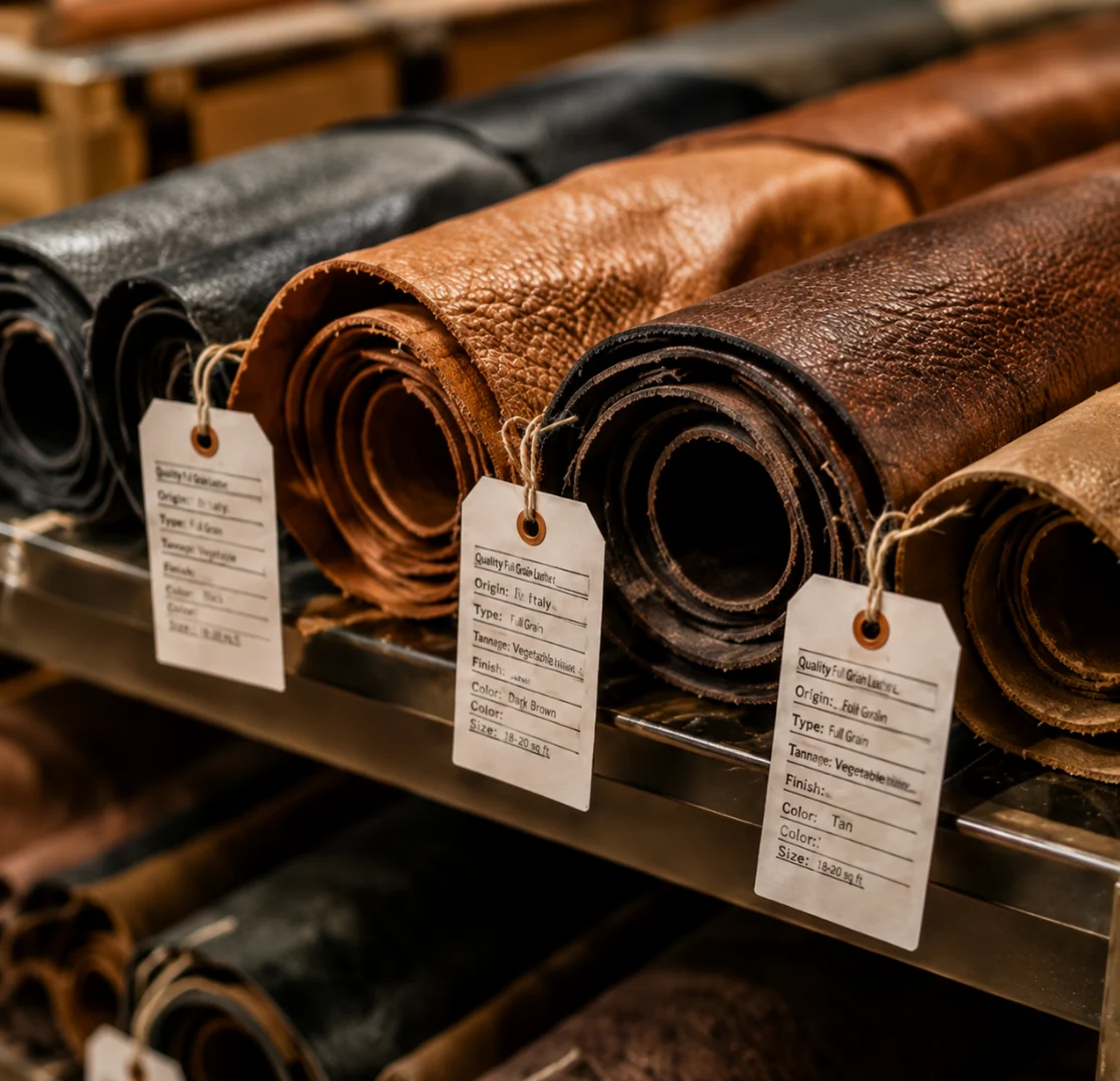 Rolled leather hides in assorted colors on a warehouse rack, each tagged with a paper spec ticket