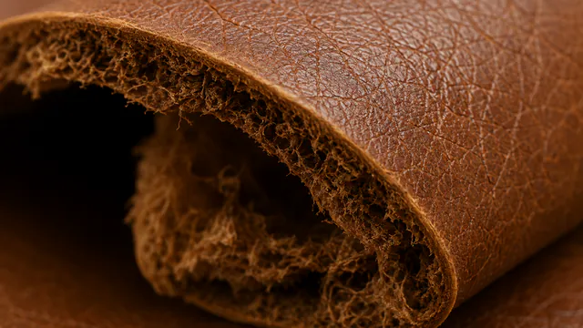 The cut edge of a grain hide, the fibre visibly tightest at the top surface