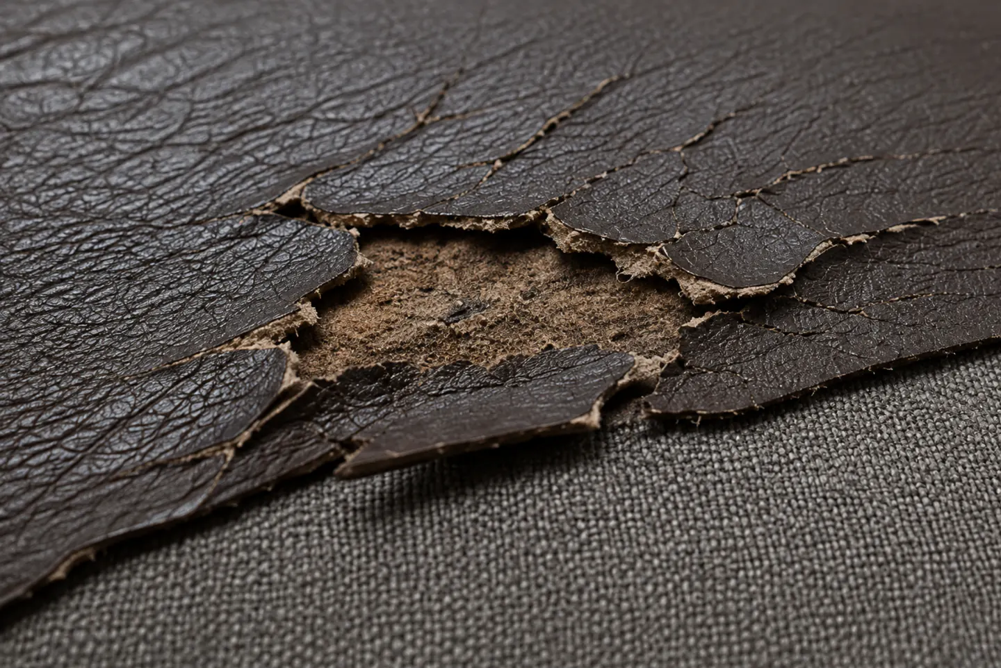 Bonded leather lifting away from its woven fabric backing in stiff flakes