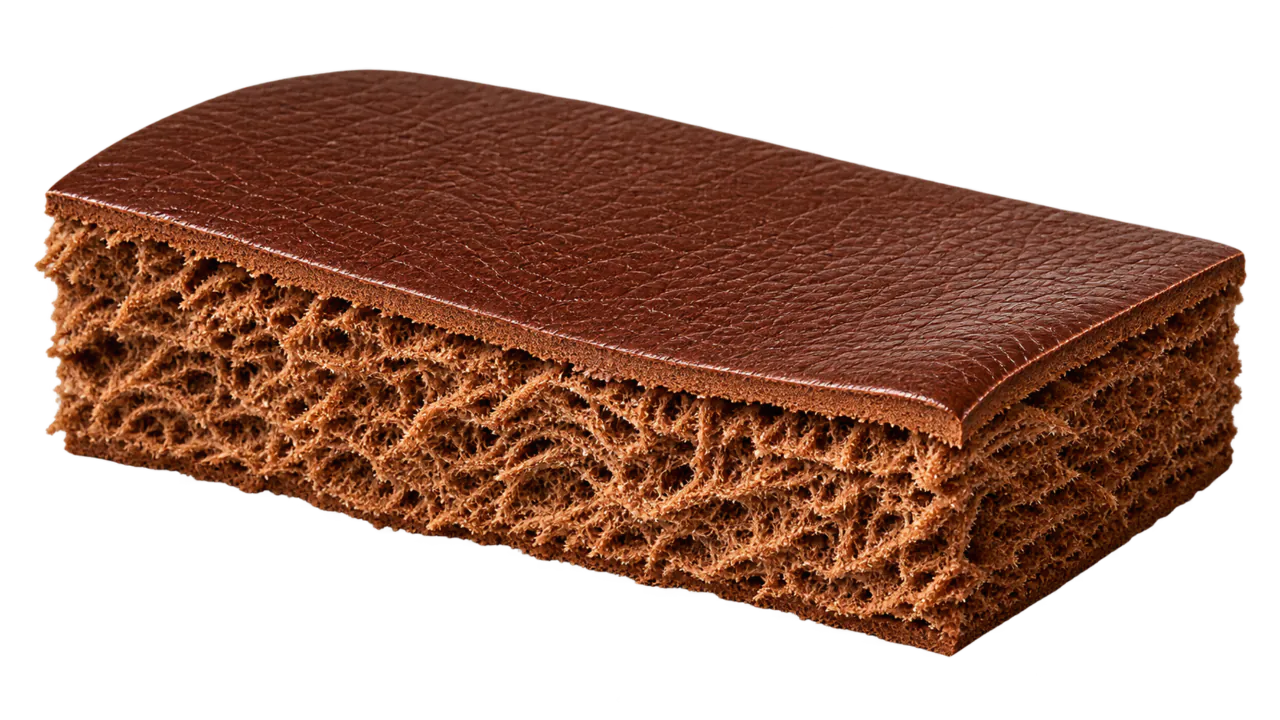 A cut section of split leather: a thin printed coating on top, and the open fibrous split body underneath