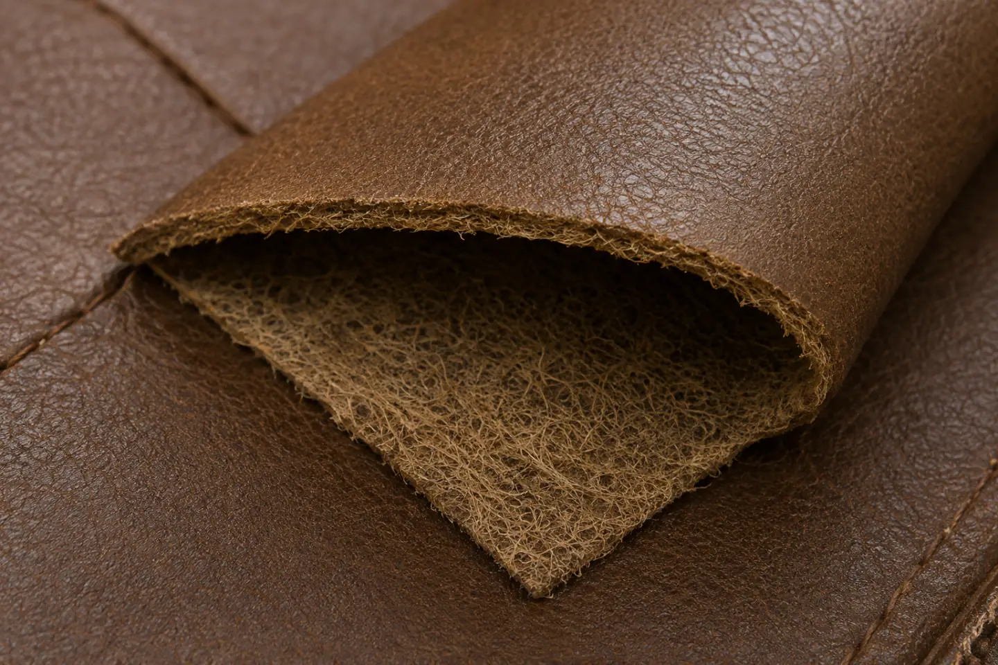 A split leather panel folded back, the coated face lifted clear of the pale open fibre underneath