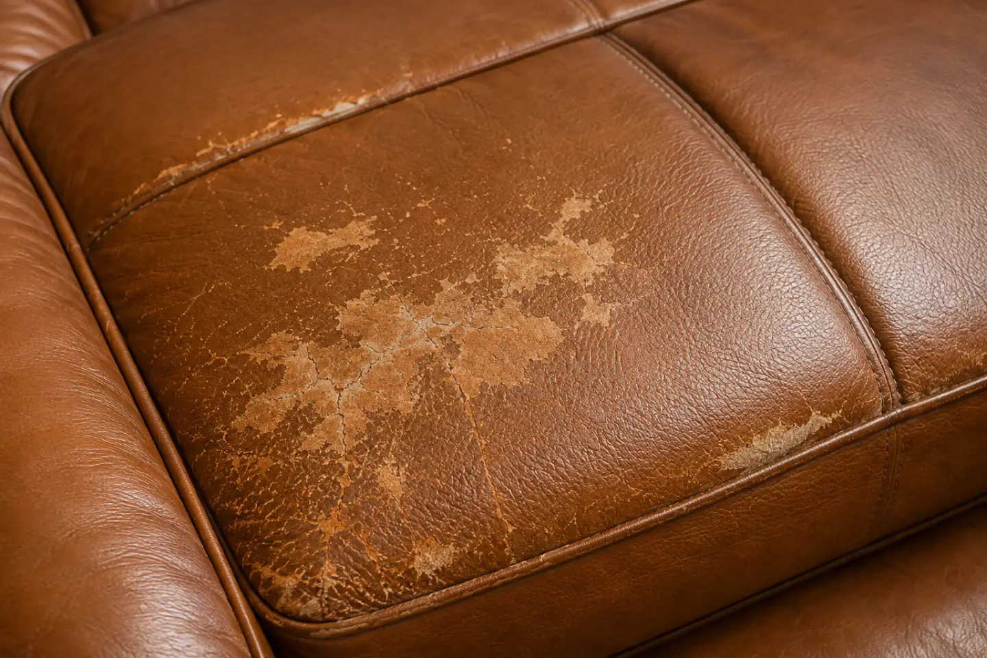 A coated split seat panel gone patchy, the colour worn away in pale blotches while the surface stays smooth
