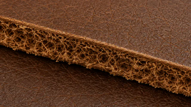 The cut edge of a bonded panel, the surface layer sitting on a separate backing