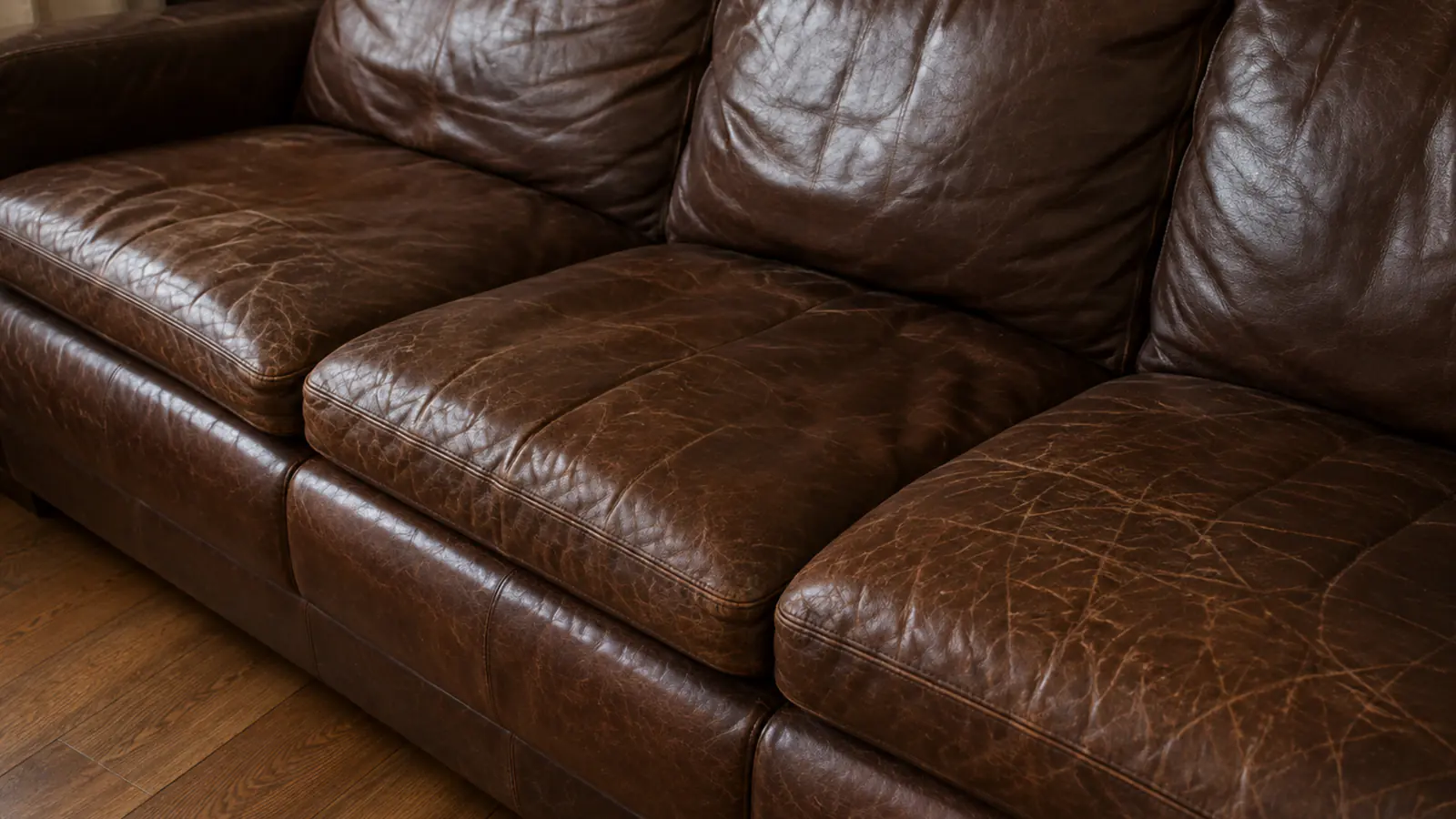 Sofa seat cushions in daily use, creased and worn along every line the panel folds on