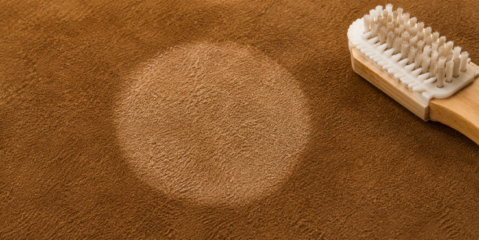 A pale cleaned circle in the middle of an otherwise untouched suede panel, with a brush beside it and a hard edge all the way round