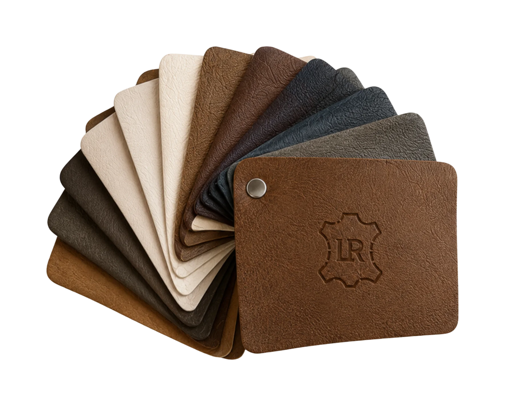 A fan of suede and leather sample swatches in cream, tan, chocolate, grey and black, the front tag embossed with the Leather Restore PRO hide mark