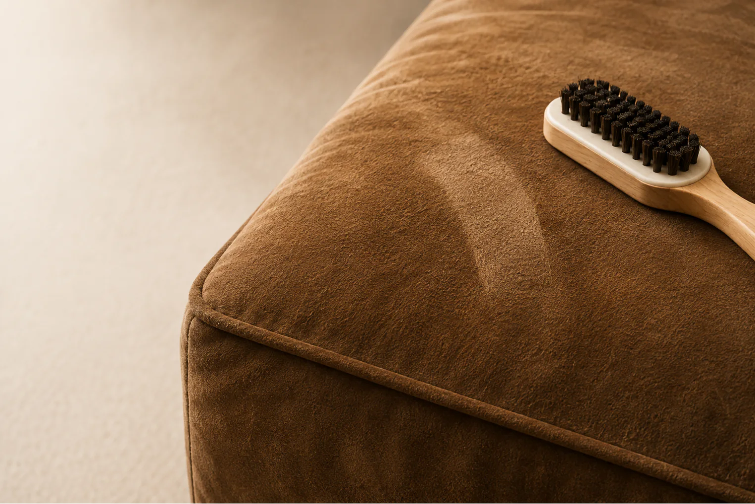 A brown suede cushion with a pale soft-edged patch across its top face and a suede brush lying beside it