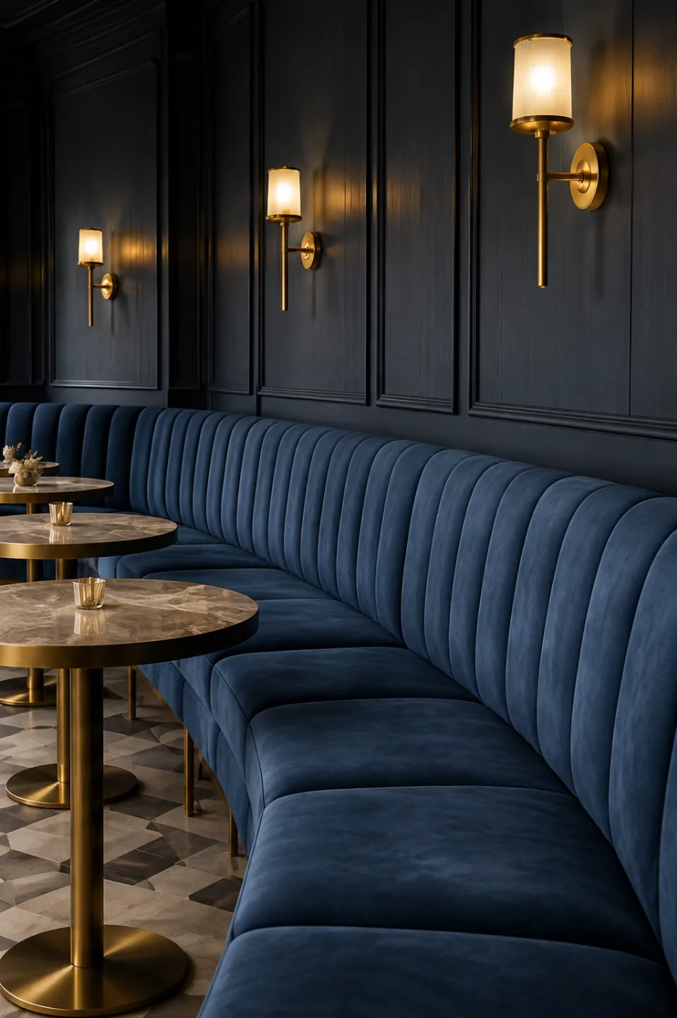 A channelled blue suede banquette running along a dark panelled bar wall under brass sconces