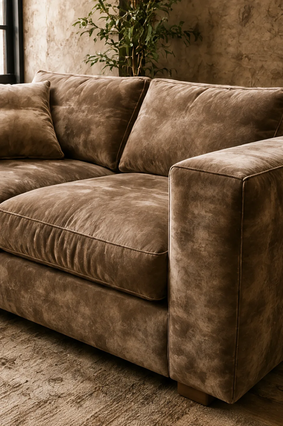 A brown suede sectional in a plastered living room, the seat and back cushions shading lighter and darker across the nap