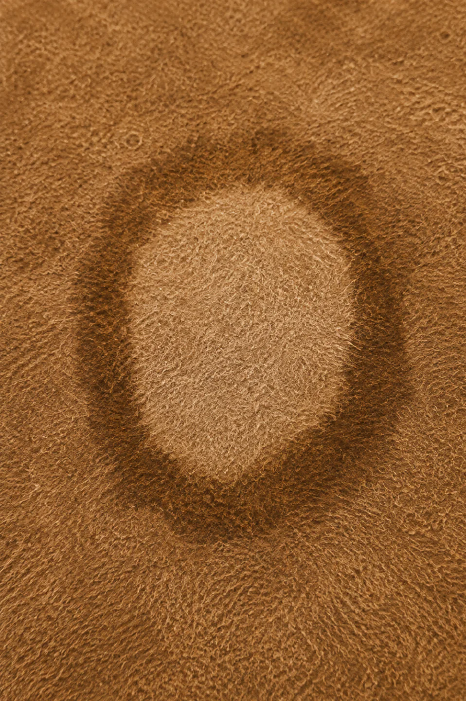 A dried water mark on suede: a pale centre ringed by a sharply darker border where the dye and dust were carried outward