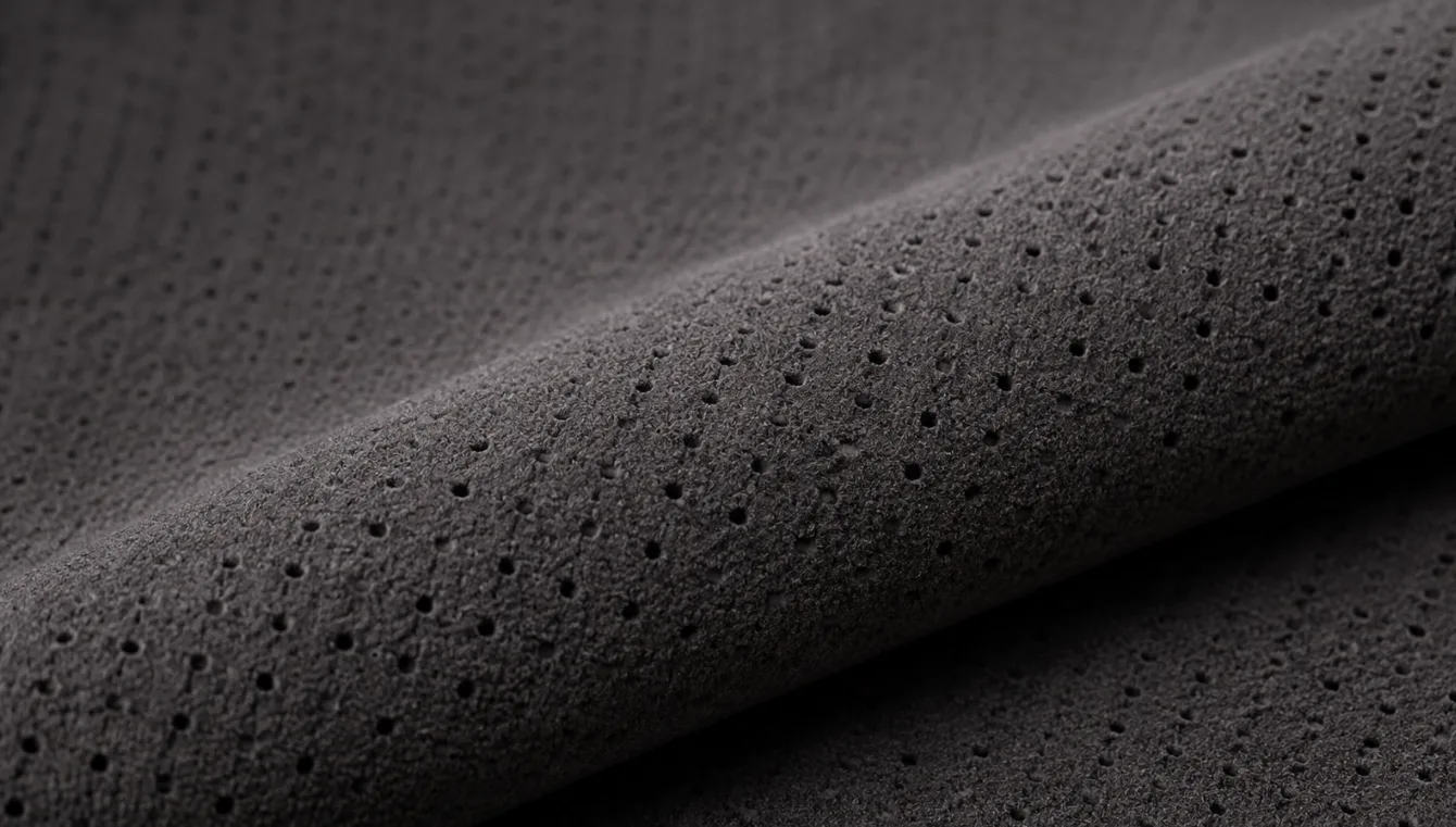 Macro of grey Alcantara perforated with a regular grid of ventilation holes, the way it is specified in car interiors