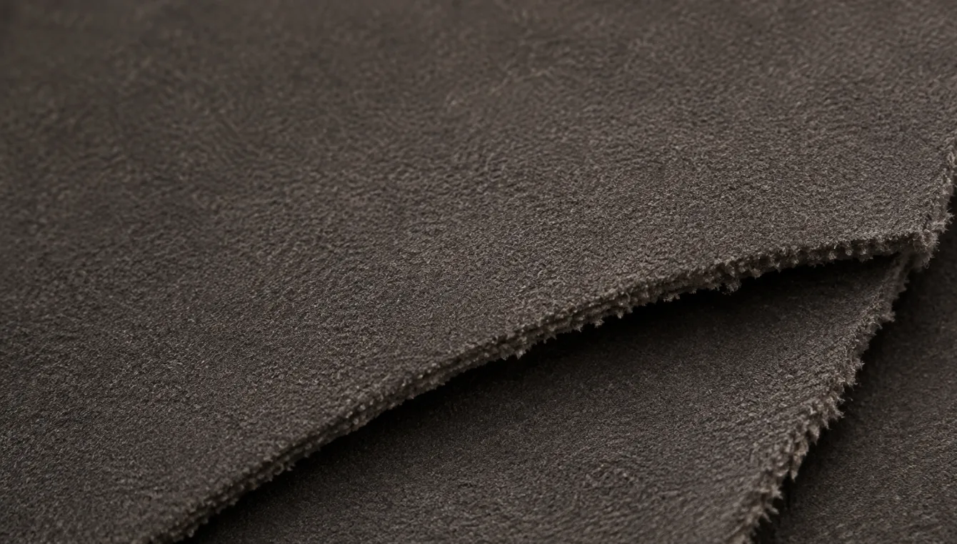 Macro of bonded suede folded to expose its cut edge, where the brushed face separates from the fabric backing underneath