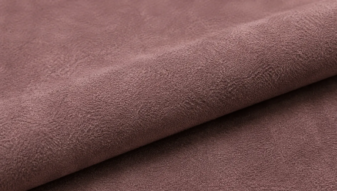 Macro of dusty pink faux suede, the brushed polyester face creasing in soft folds over a knit backing