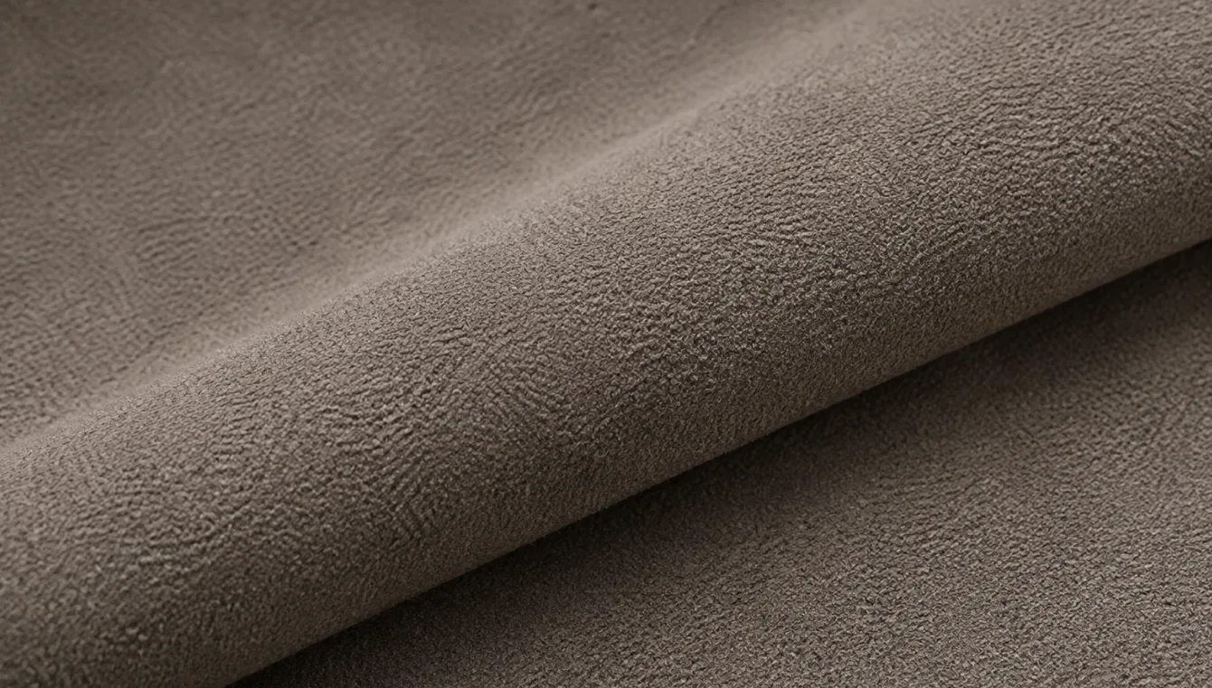 Macro of greige polyester microsuede, the nap uniform and cloth-like with a soft fabric drape rather than a hide fold