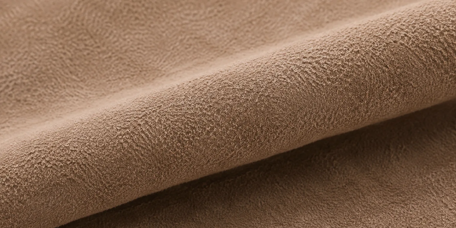 Macro of pale taupe split suede folded over itself, the nap catching light differently on each side of the fold