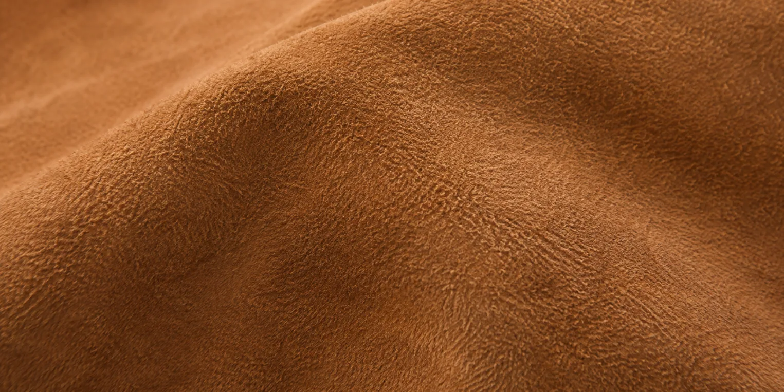 Macro of real suede: a warm tan inner split brushed to a deep, uneven nap with no grain pattern anywhere on it